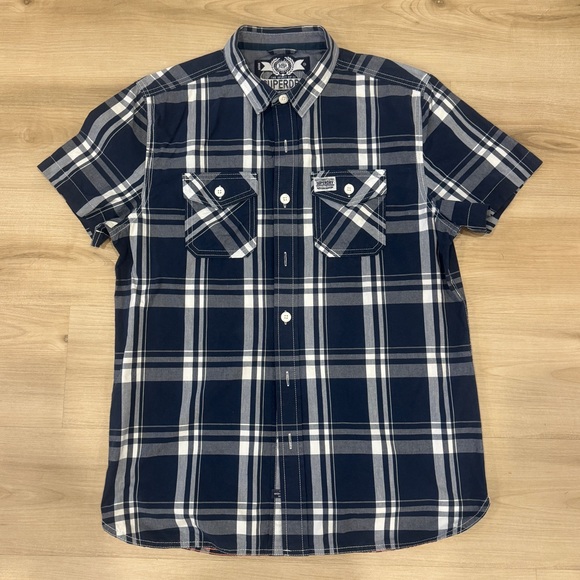 Men’s XL Short Sleeve button up shirt by Superdry in a blue/white plaid pattern - Picture 1 of 6